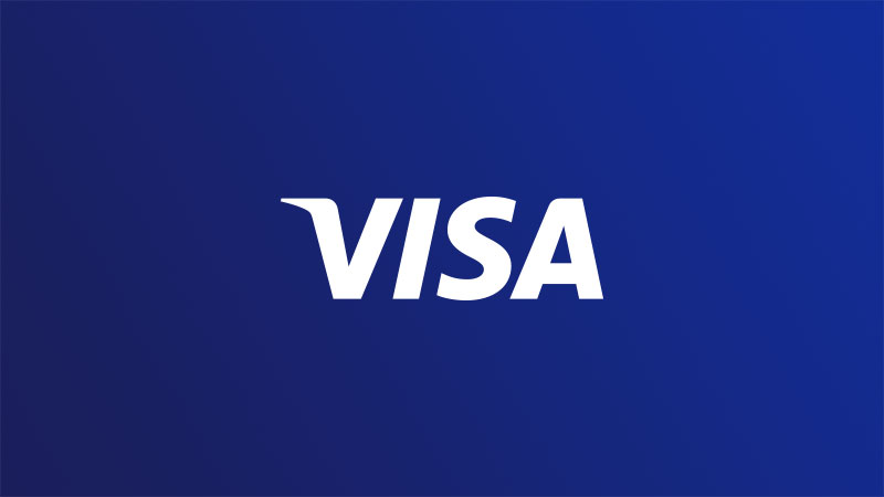 Blue gradient background with white Visa logo in center.