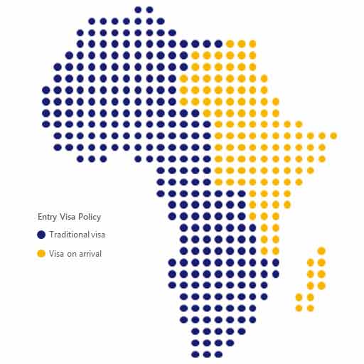 A map of Africa entry Visa policies. Please see image description below for more details.