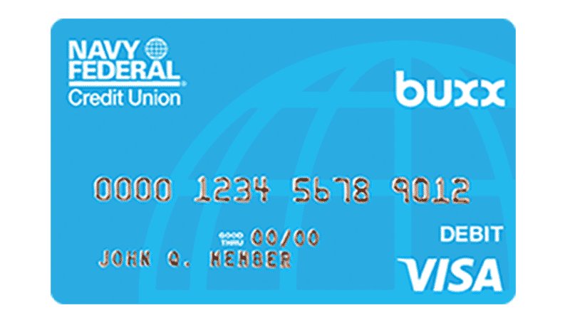 A Buxx Navy Federal Credit Union Visa Debit Card.