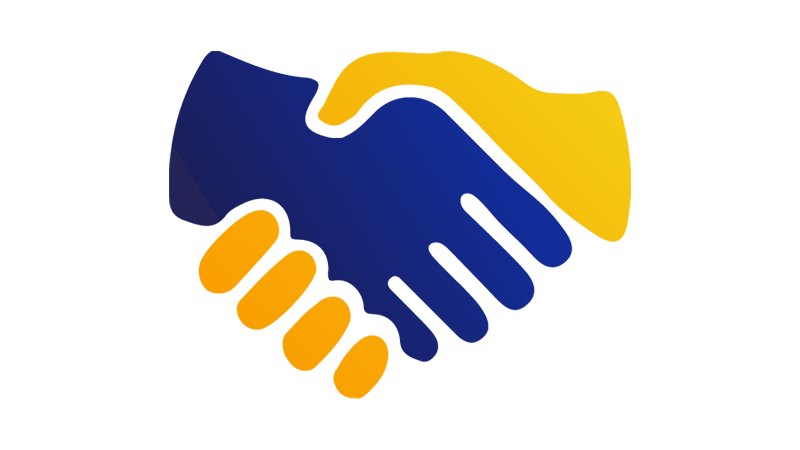 An illustration of a blue hand shaking a yellow hand.