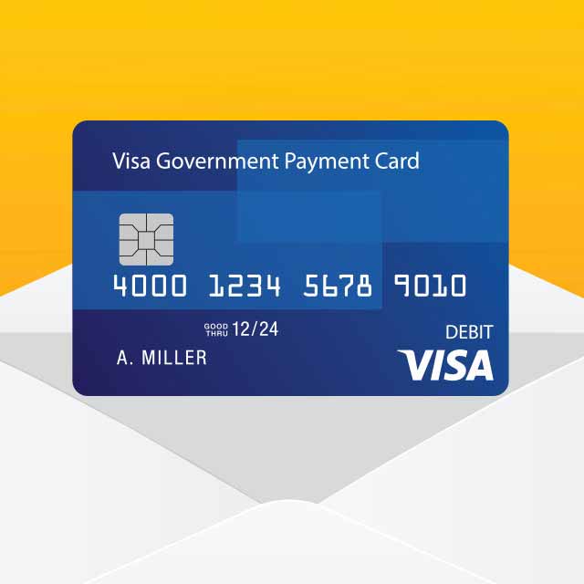 Ilustración de una tarjeta de pago del gobierno Visa saliendo de un sobre.